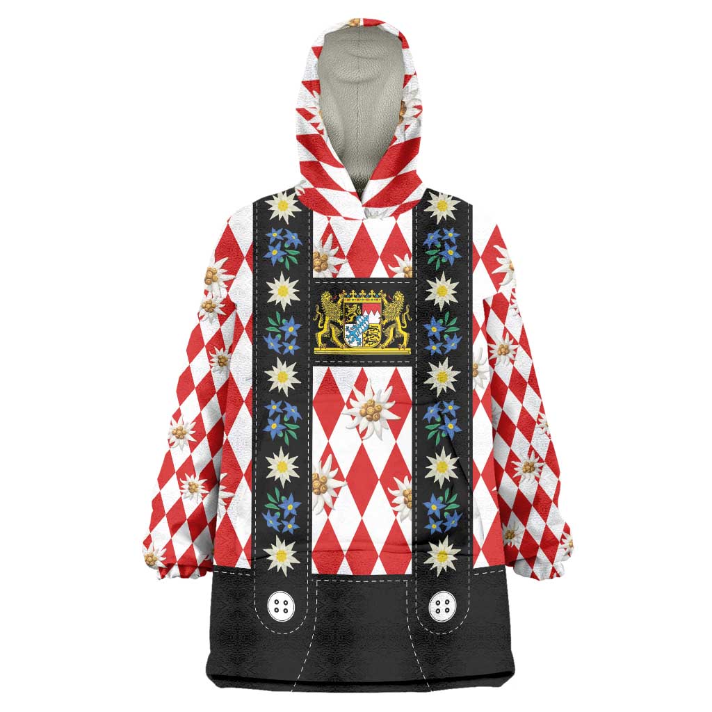Bavaria Traditional Lederhosen Costume Wearable Blanket Hoodie Bavaria Emblem -  Red Plaid Pattern with Edelweiss Flowers - Wonder Print Shop