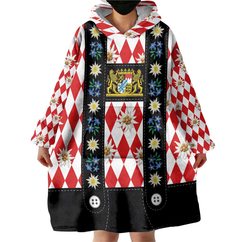 Bavaria Traditional Lederhosen Costume Wearable Blanket Hoodie Bavaria Emblem -  Red Plaid Pattern with Edelweiss Flowers - Wonder Print Shop