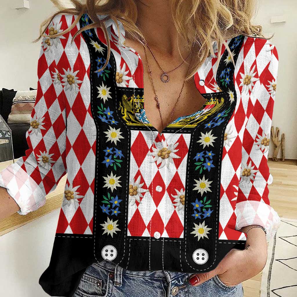Bavaria Traditional Lederhosen Costume Women Casual Shirt Bavaria Emblem -  Red Plaid Pattern with Edelweiss Flowers - Wonder Print Shop