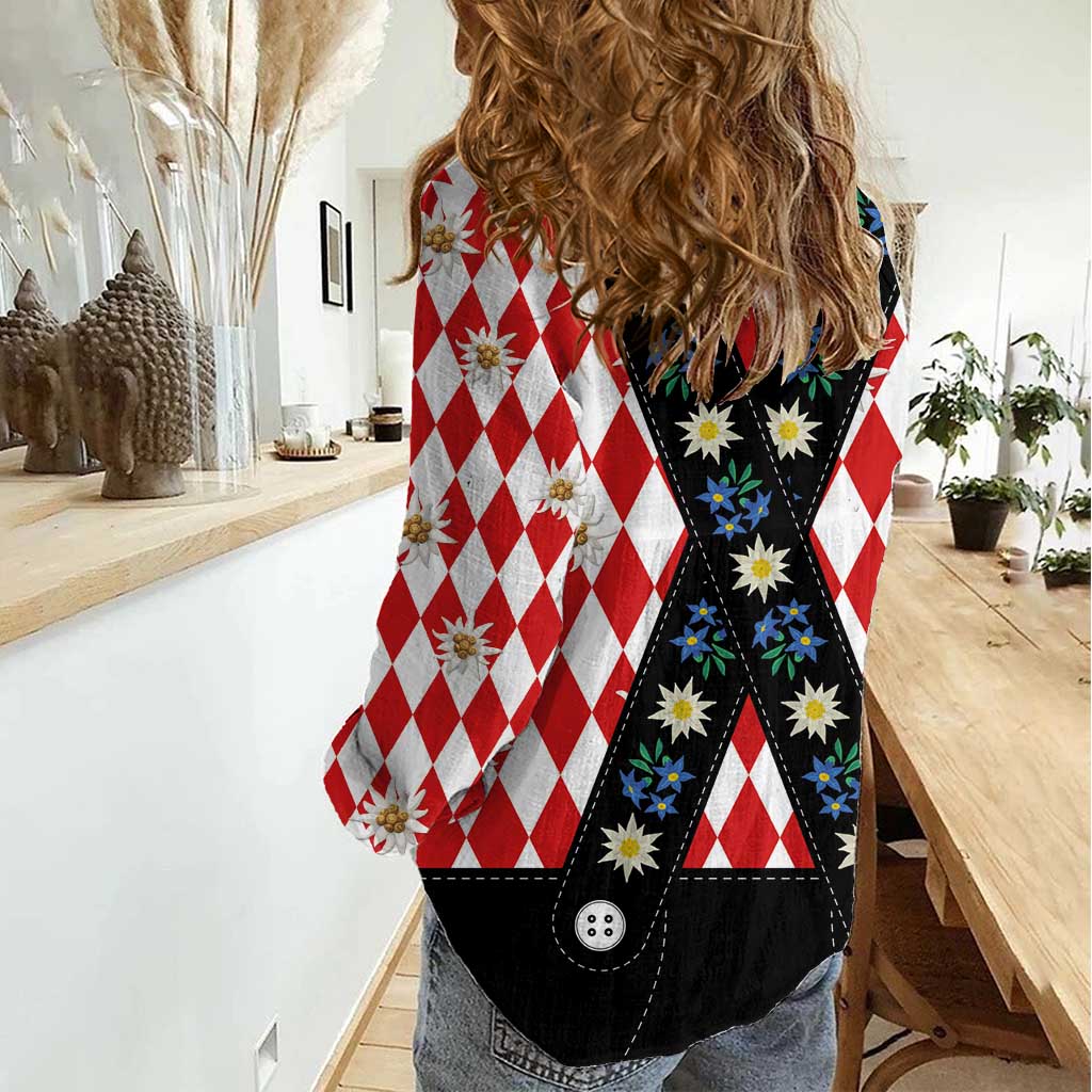 Bavaria Traditional Lederhosen Costume Women Casual Shirt Bavaria Emblem -  Red Plaid Pattern with Edelweiss Flowers - Wonder Print Shop