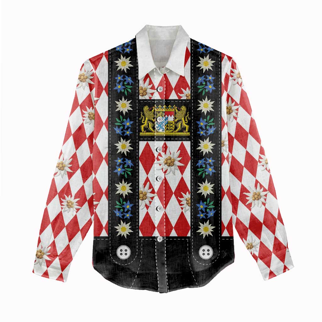 Bavaria Traditional Lederhosen Costume Women Casual Shirt Bavaria Emblem -  Red Plaid Pattern with Edelweiss Flowers - Wonder Print Shop