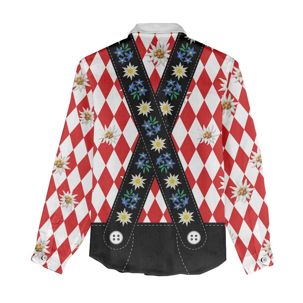 Bavaria Traditional Lederhosen Costume Women Casual Shirt Bavaria Emblem -  Red Plaid Pattern with Edelweiss Flowers - Wonder Print Shop