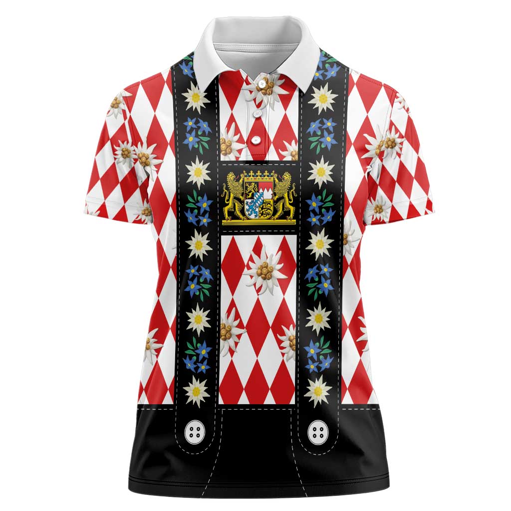 Bavaria Traditional Lederhosen Costume Women Polo Shirt Bavaria Emblem -  Red Plaid Pattern with Edelweiss Flowers - Wonder Print Shop
