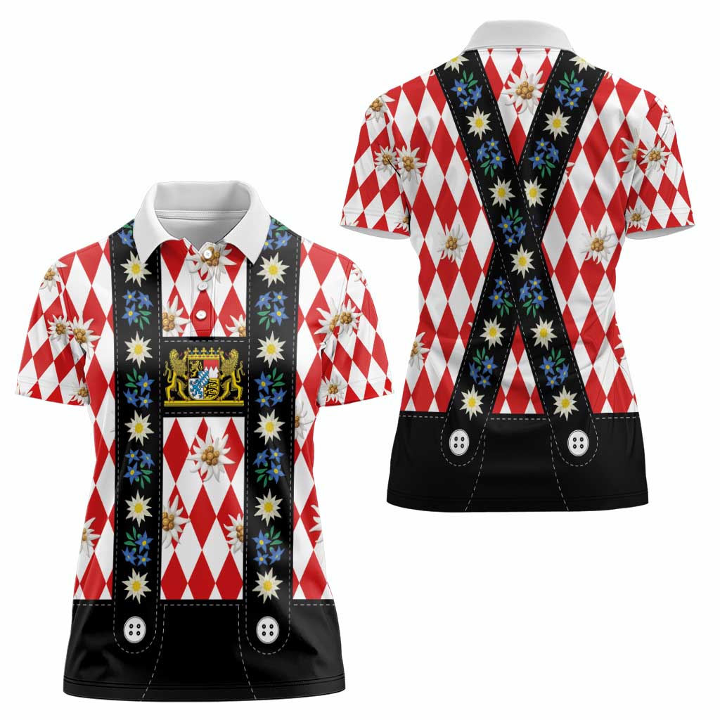 Bavaria Traditional Lederhosen Costume Women Polo Shirt Bavaria Emblem -  Red Plaid Pattern with Edelweiss Flowers - Wonder Print Shop