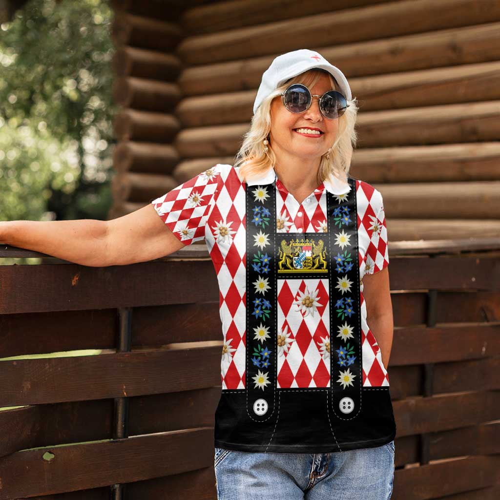 Bavaria Traditional Lederhosen Costume Women Polo Shirt Bavaria Emblem -  Red Plaid Pattern with Edelweiss Flowers - Wonder Print Shop
