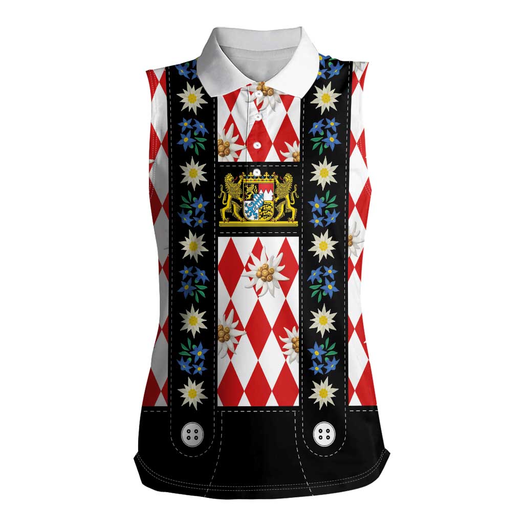 Bavaria Traditional Lederhosen Costume Women Sleeveless Polo Shirt Bavaria Emblem -  Red Plaid Pattern with Edelweiss Flowers - Wonder Print Shop