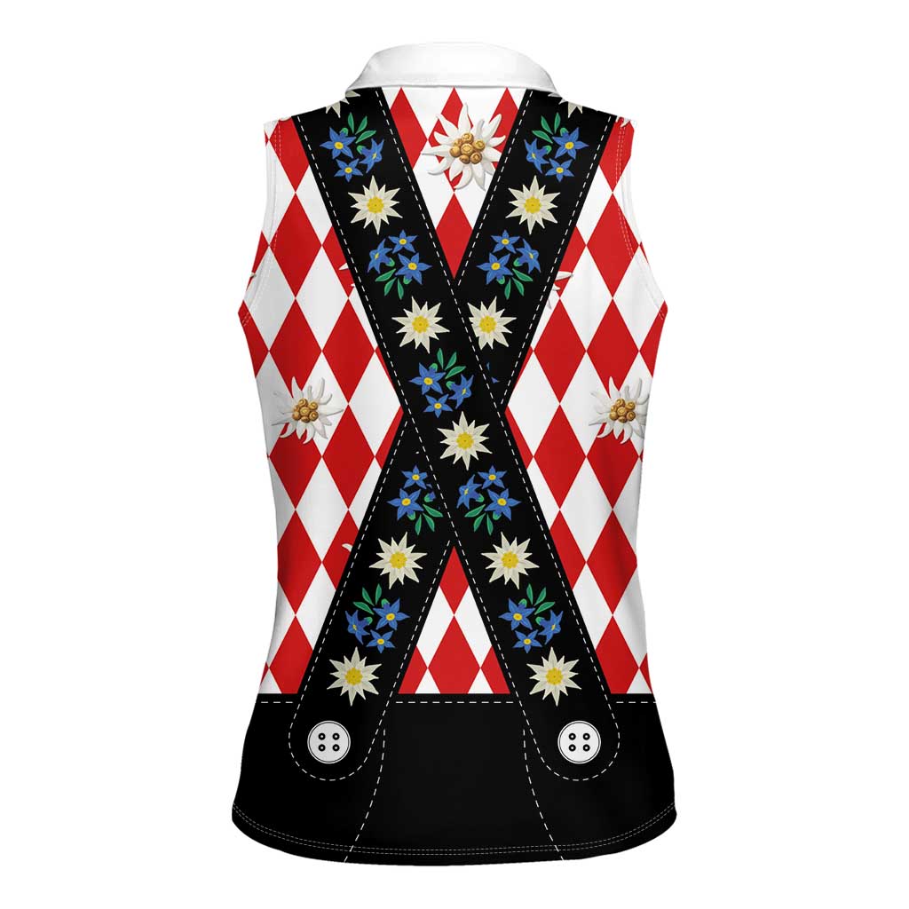 Bavaria Traditional Lederhosen Costume Women Sleeveless Polo Shirt Bavaria Emblem -  Red Plaid Pattern with Edelweiss Flowers - Wonder Print Shop