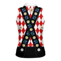 Bavaria Traditional Lederhosen Costume Women Sleeveless Polo Shirt Bavaria Emblem -  Red Plaid Pattern with Edelweiss Flowers - Wonder Print Shop