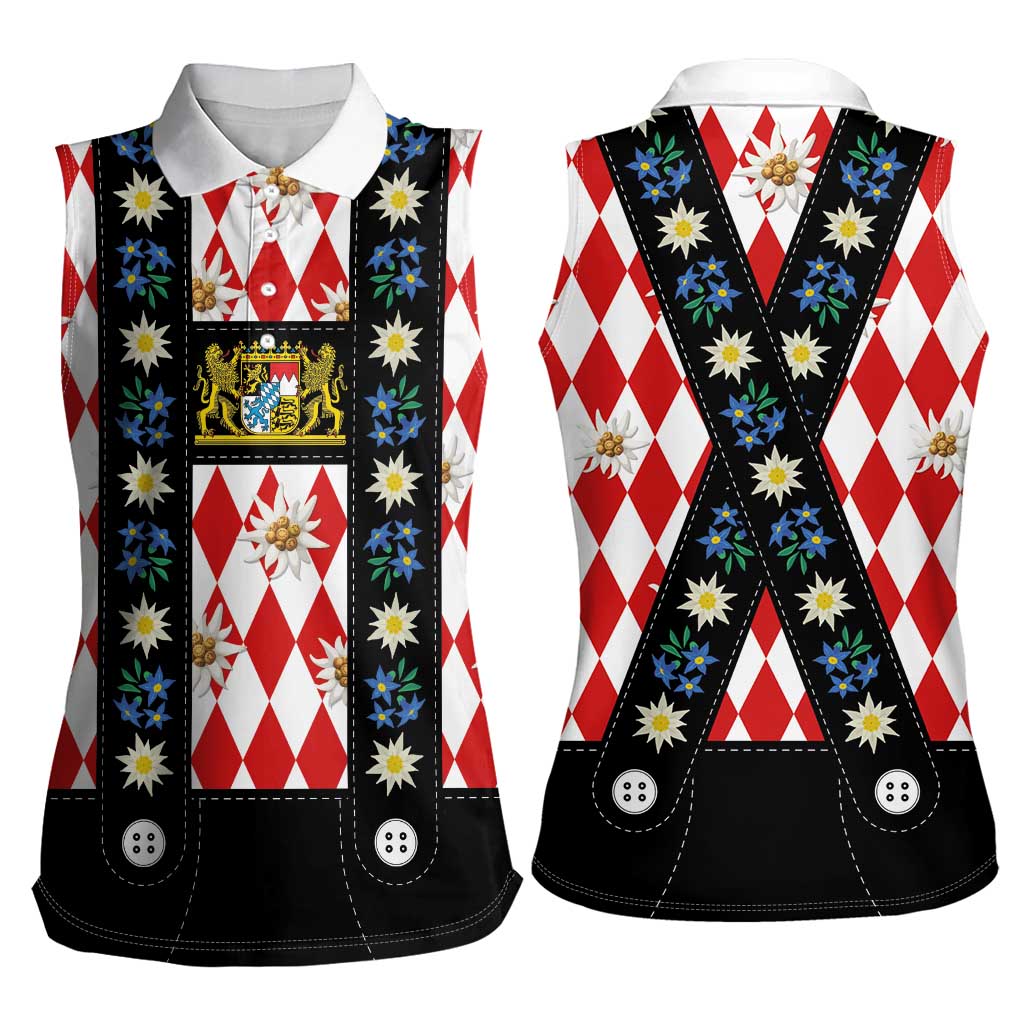 Bavaria Traditional Lederhosen Costume Women Sleeveless Polo Shirt Bavaria Emblem -  Red Plaid Pattern with Edelweiss Flowers - Wonder Print Shop
