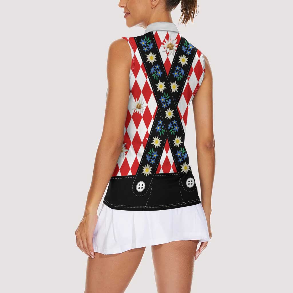 Bavaria Traditional Lederhosen Costume Women Sleeveless Polo Shirt Bavaria Emblem -  Red Plaid Pattern with Edelweiss Flowers - Wonder Print Shop