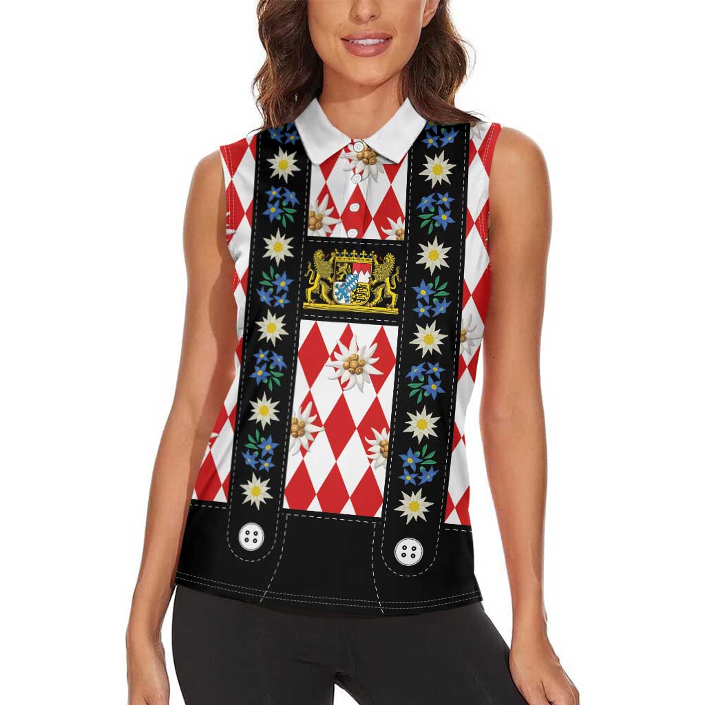 Bavaria Traditional Lederhosen Costume Women Sleeveless Polo Shirt Bavaria Emblem -  Red Plaid Pattern with Edelweiss Flowers - Wonder Print Shop
