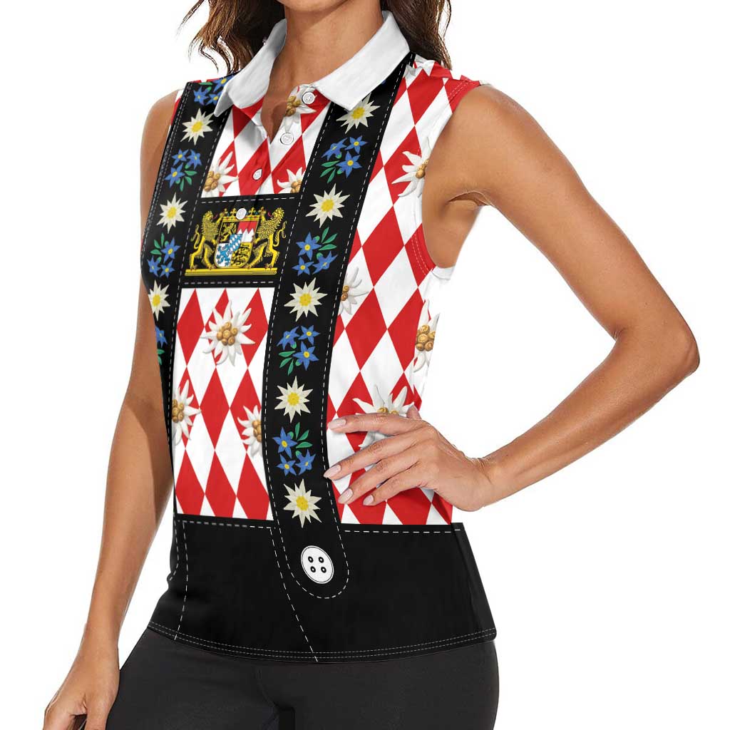 Bavaria Traditional Lederhosen Costume Women Sleeveless Polo Shirt Bavaria Emblem -  Red Plaid Pattern with Edelweiss Flowers - Wonder Print Shop