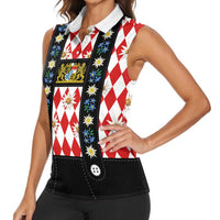 Bavaria Traditional Lederhosen Costume Women Sleeveless Polo Shirt Bavaria Emblem -  Red Plaid Pattern with Edelweiss Flowers - Wonder Print Shop