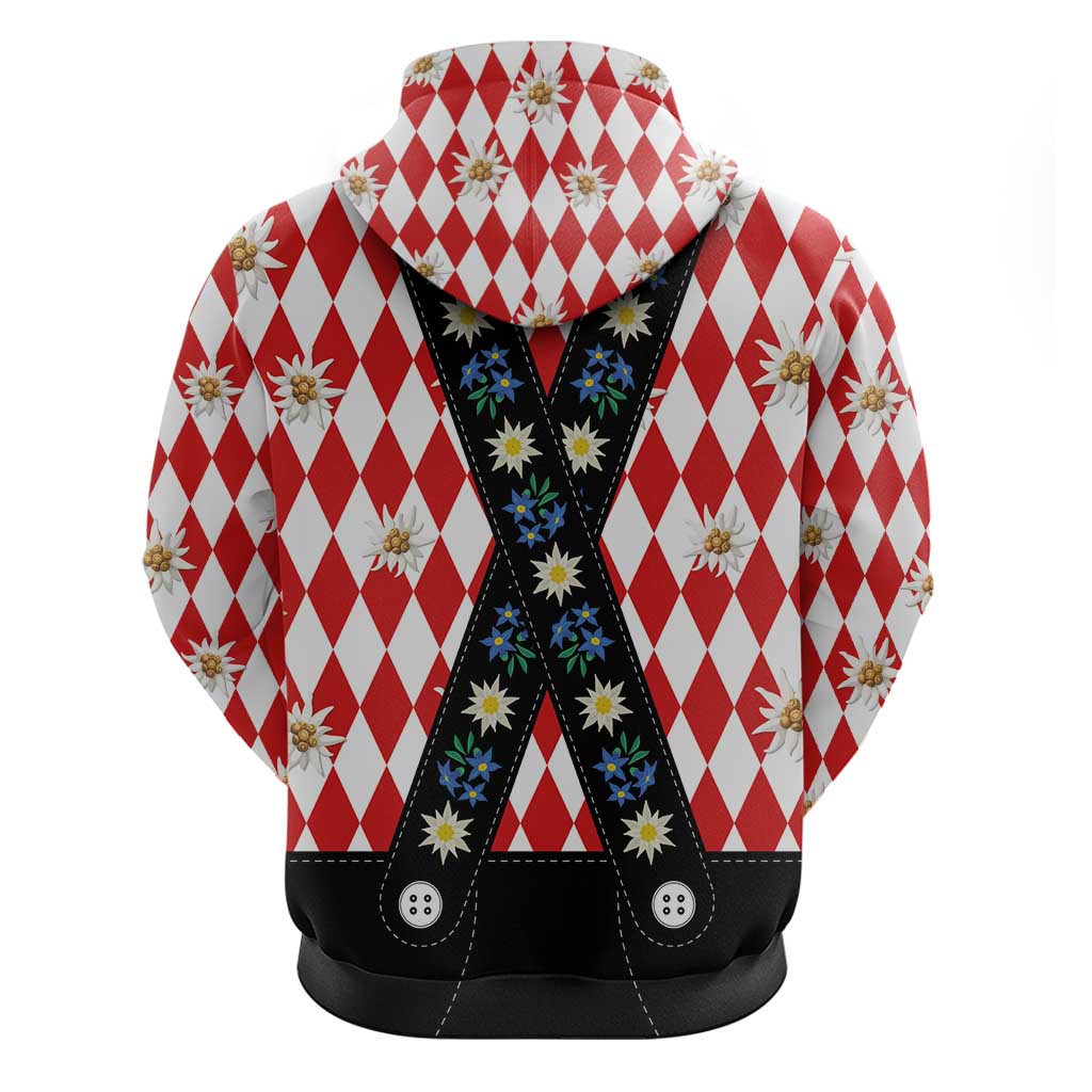 Bavaria Traditional Lederhosen Costume Zip Hoodie Bavaria Emblem -  Red Plaid Pattern with Edelweiss Flowers - Wonder Print Shop