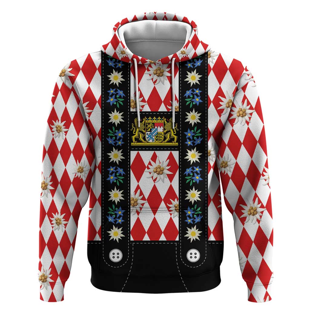Bavaria Traditional Lederhosen Costume Zip Hoodie Bavaria Emblem -  Red Plaid Pattern with Edelweiss Flowers - Wonder Print Shop