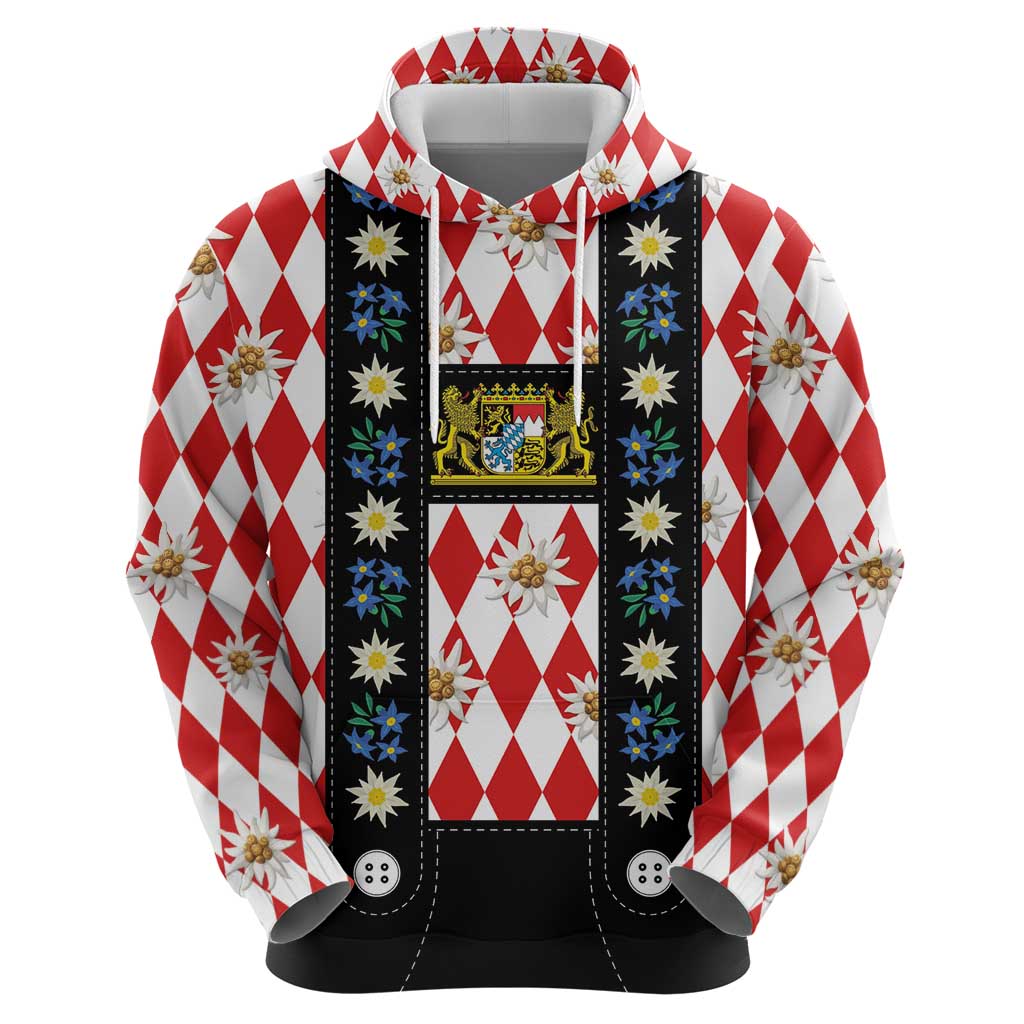 Bavaria Traditional Lederhosen Costume Zip Hoodie Bavaria Emblem -  Red Plaid Pattern with Edelweiss Flowers - Wonder Print Shop