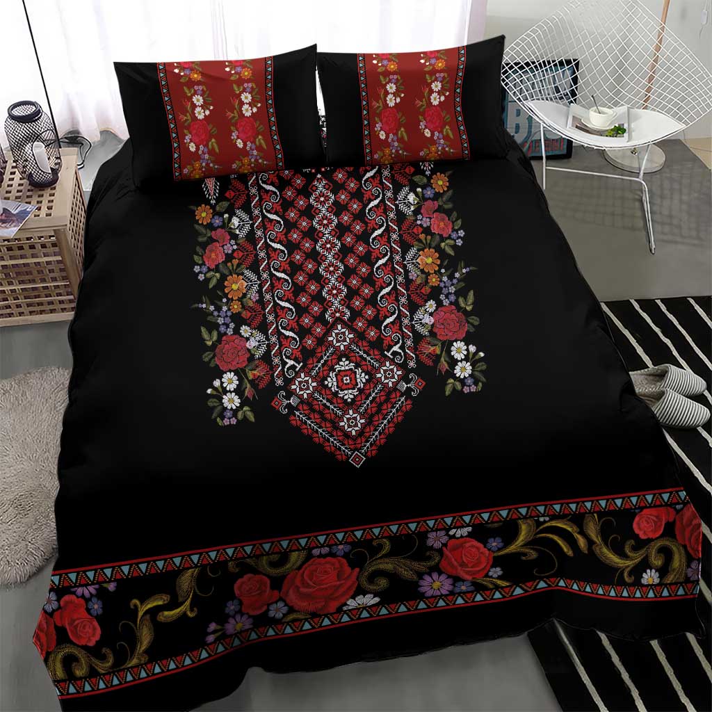 Traditional Romanian Costume - Costum Popular Bedding Set Traditional Romanian Motif and Folk Floral Embroidery Style