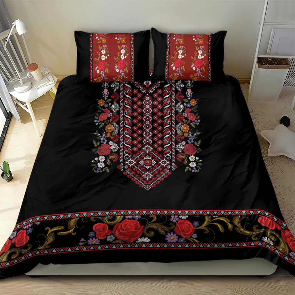 Traditional Romanian Costume - Costum Popular Bedding Set Traditional Romanian Motif and Folk Floral Embroidery Style