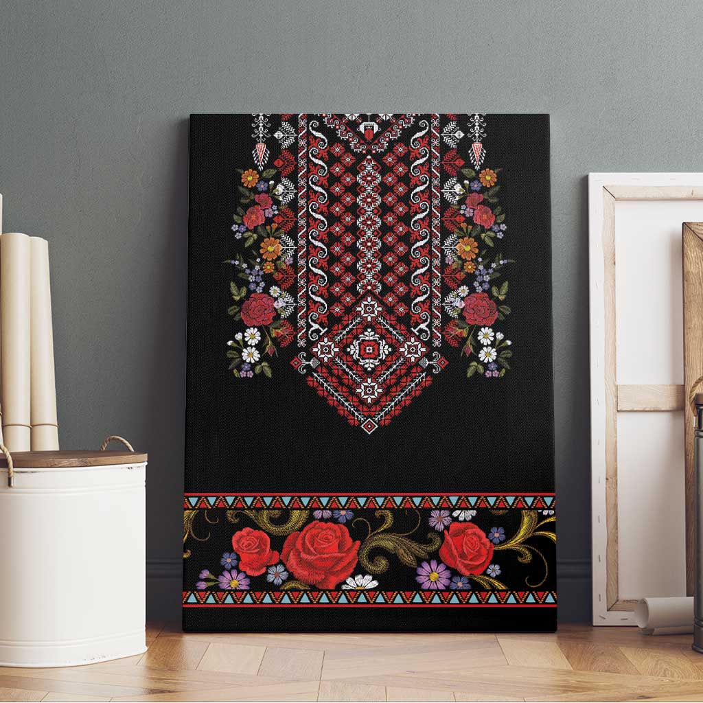 Traditional Romanian Costume - Costum Popular Canvas Wall Art Traditional Romanian Motif and Folk Floral Embroidery Style