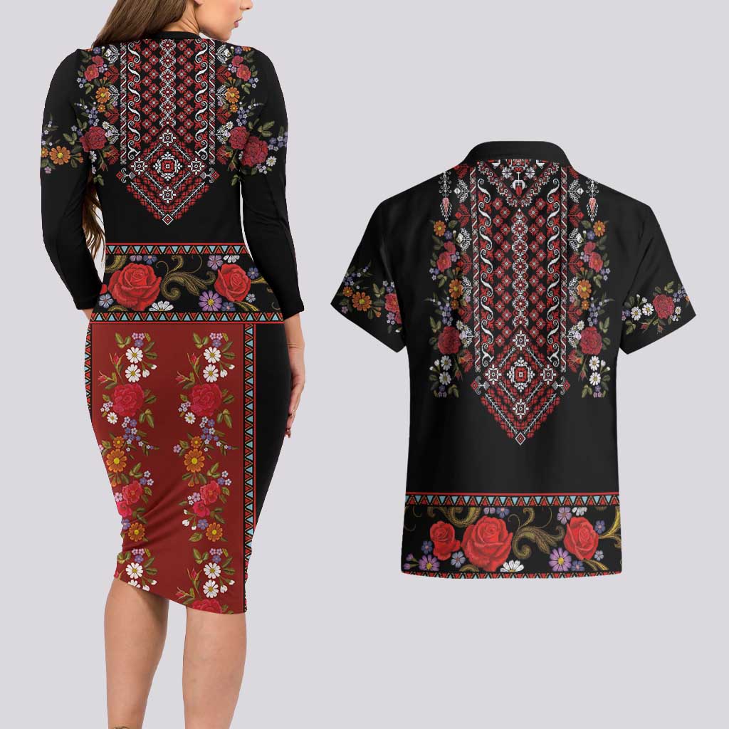 Traditional Romanian Costume - Costum Popular Couples Matching Long Sleeve Bodycon Dress and Hawaiian Shirt Traditional Romanian Motif and Folk Floral Embroidery Style