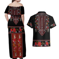 Traditional Romanian Costume - Costum Popular Couples Matching Off Shoulder Maxi Dress and Hawaiian Shirt Traditional Romanian Motif and Folk Floral Embroidery Style