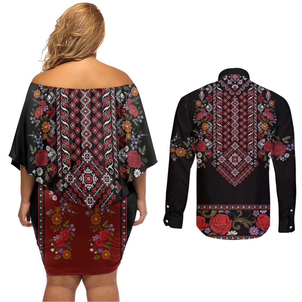 Traditional Romanian Costume - Costum Popular Couples Matching Off Shoulder Short Dress and Long Sleeve Button Shirt Traditional Romanian Motif and Folk Floral Embroidery Style