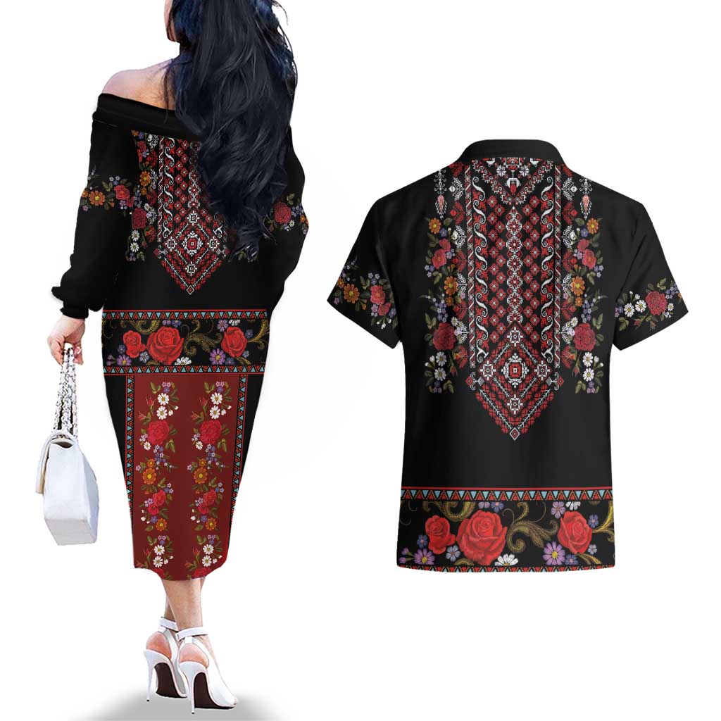 Traditional Romanian Costume - Costum Popular Couples Matching Off The Shoulder Long Sleeve Dress and Hawaiian Shirt Traditional Romanian Motif and Folk Floral Embroidery Style