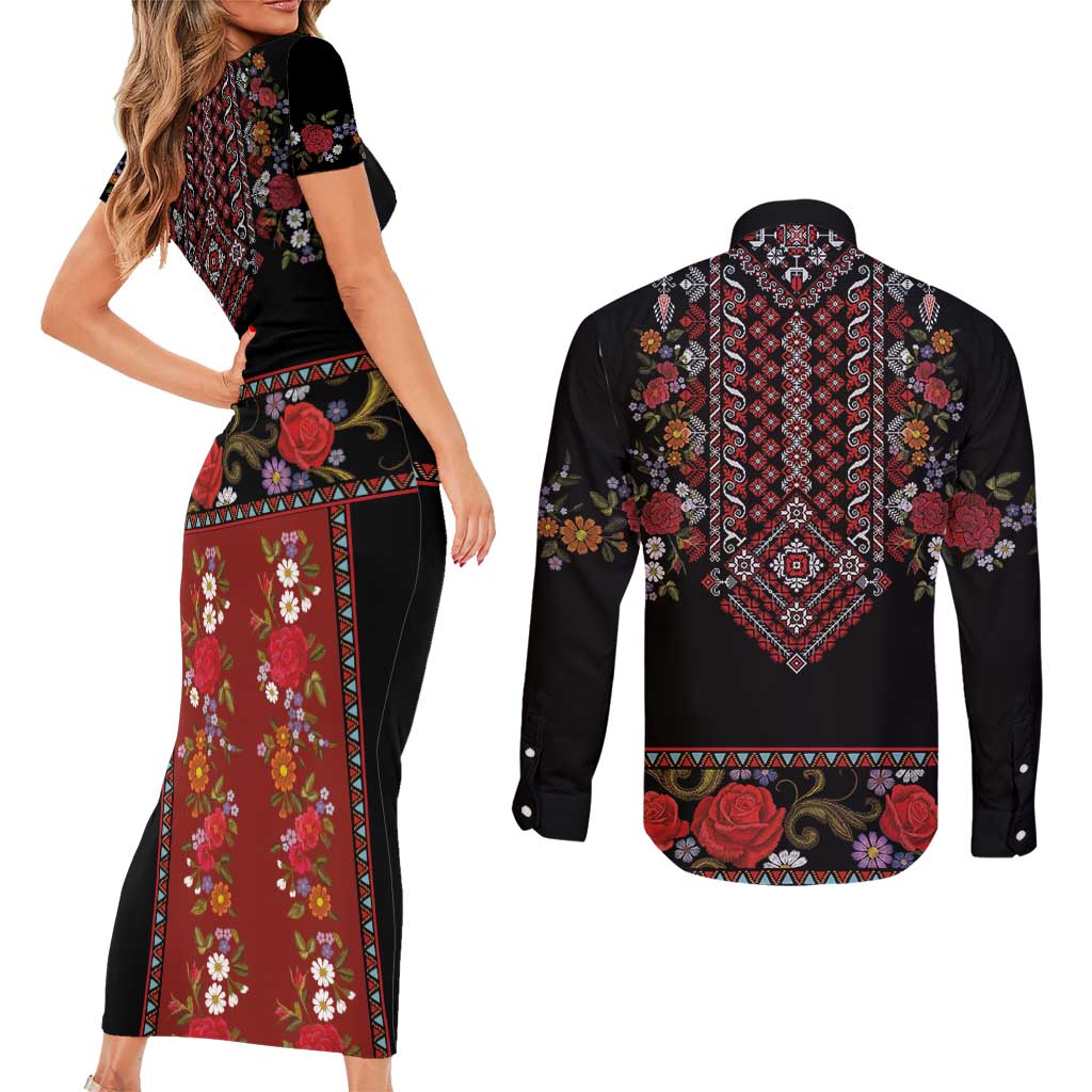 Traditional Romanian Costume - Costum Popular Couples Matching Short Sleeve Bodycon Dress and Long Sleeve Button Shirt Traditional Romanian Motif and Folk Floral Embroidery Style