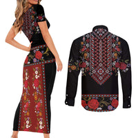 Traditional Romanian Costume - Costum Popular Couples Matching Short Sleeve Bodycon Dress and Long Sleeve Button Shirt Traditional Romanian Motif and Folk Floral Embroidery Style