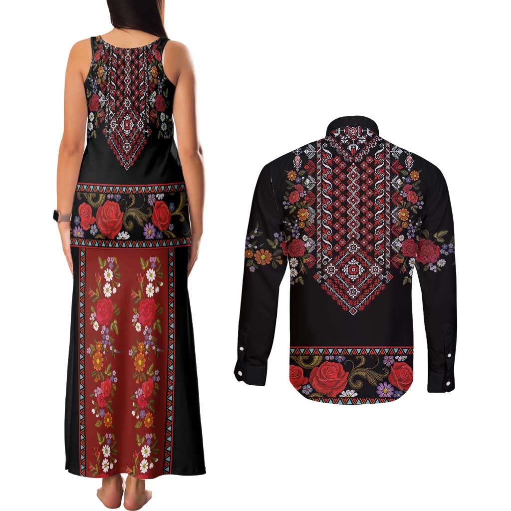 Traditional Romanian Costume - Costum Popular Couples Matching Tank Maxi Dress and Long Sleeve Button Shirt Traditional Romanian Motif and Folk Floral Embroidery Style