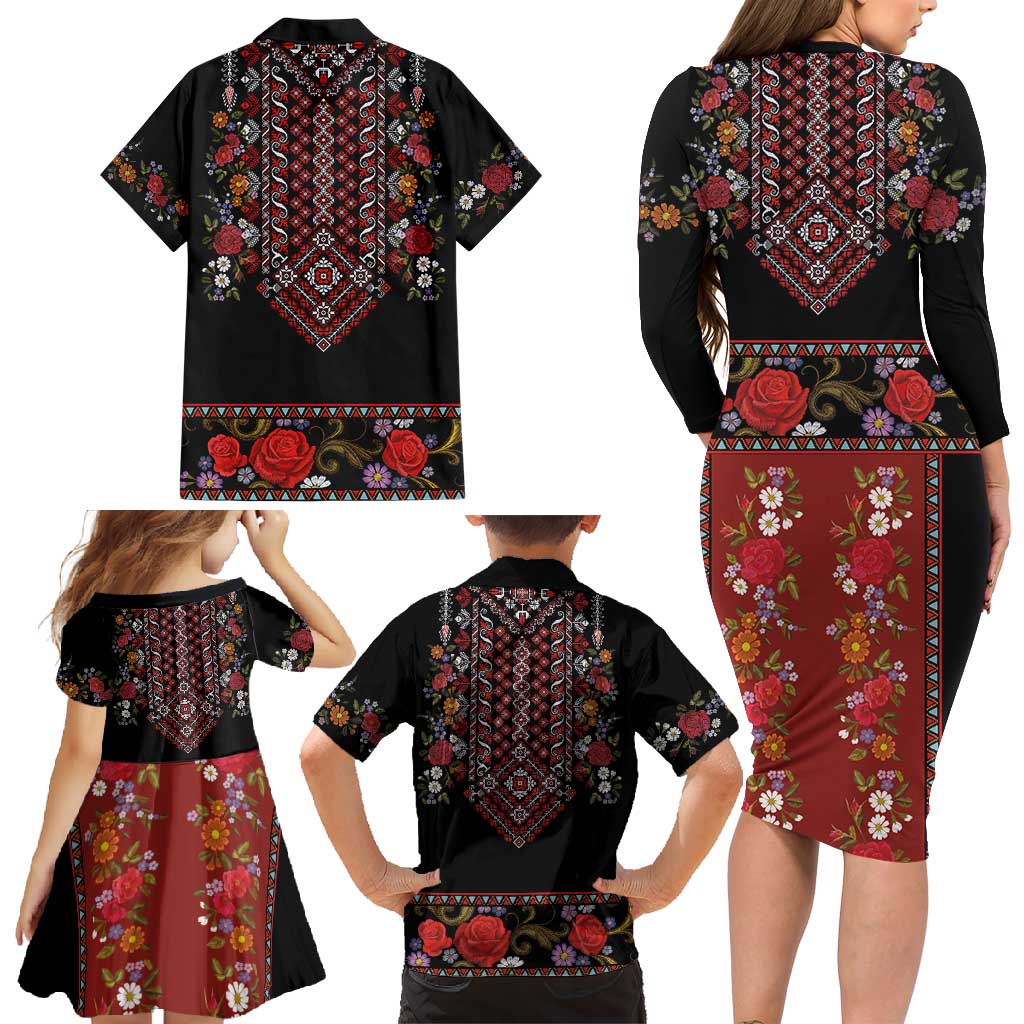 Traditional Romanian Costume - Costum Popular Family Matching Long Sleeve Bodycon Dress and Hawaiian Shirt Traditional Romanian Motif and Folk Floral Embroidery Style - Wonder Print Shop