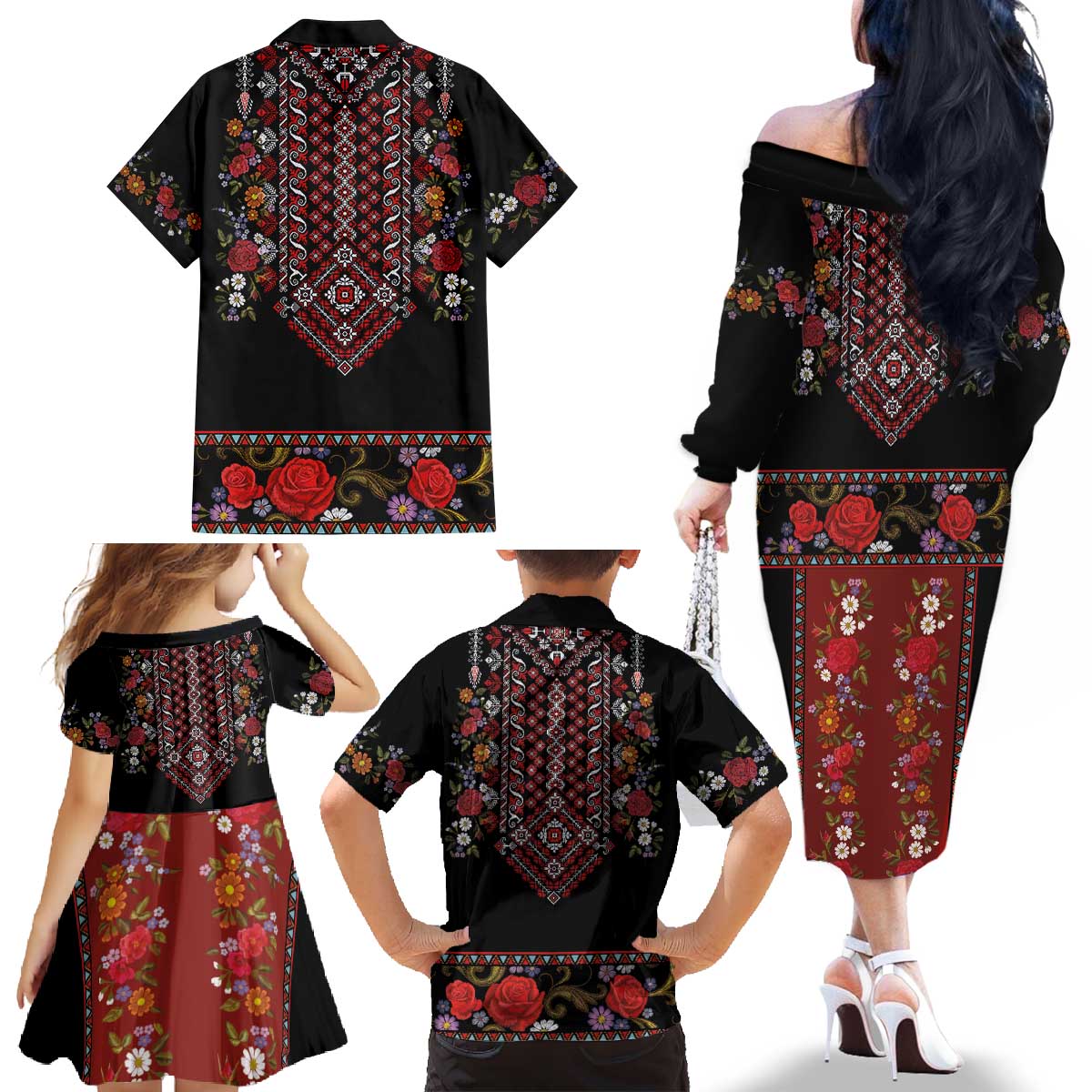 Traditional Romanian Costume - Costum Popular Family Matching Off The Shoulder Long Sleeve Dress and Hawaiian Shirt Traditional Romanian Motif and Folk Floral Embroidery Style