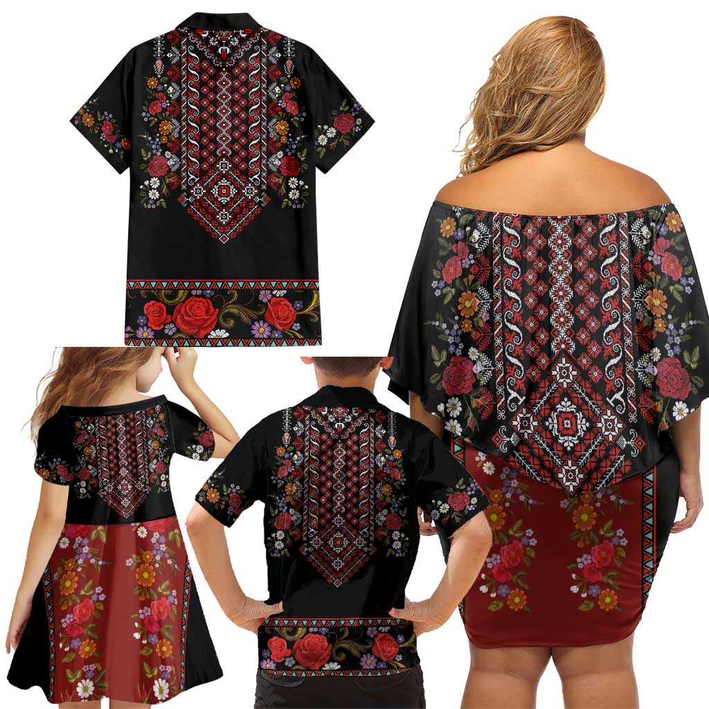 Traditional Romanian Costume - Costum Popular Family Matching Off Shoulder Short Dress and Hawaiian Shirt Traditional Romanian Motif and Folk Floral Embroidery Style - Wonder Print Shop