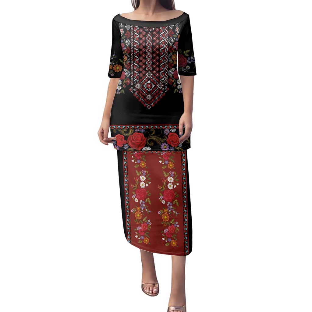 Traditional Romanian Costume - Costum Popular Family Matching Puletasi and Hawaiian Shirt Traditional Romanian Motif and Folk Floral Embroidery Style