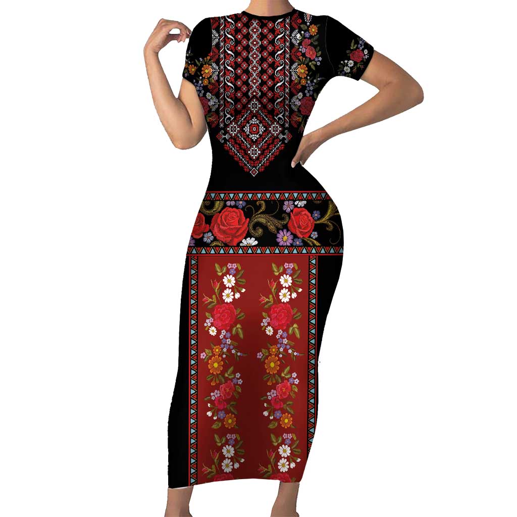 Traditional Romanian Costume - Costum Popular Family Matching Short Sleeve Bodycon Dress and Hawaiian Shirt Traditional Romanian Motif and Folk Floral Embroidery Style - Wonder Print Shop