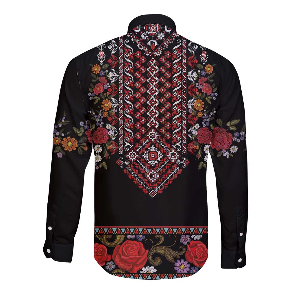 Traditional Romanian Costume - Costum Popular Long Sleeve Button Shirt Traditional Romanian Motif and Folk Floral Embroidery Style