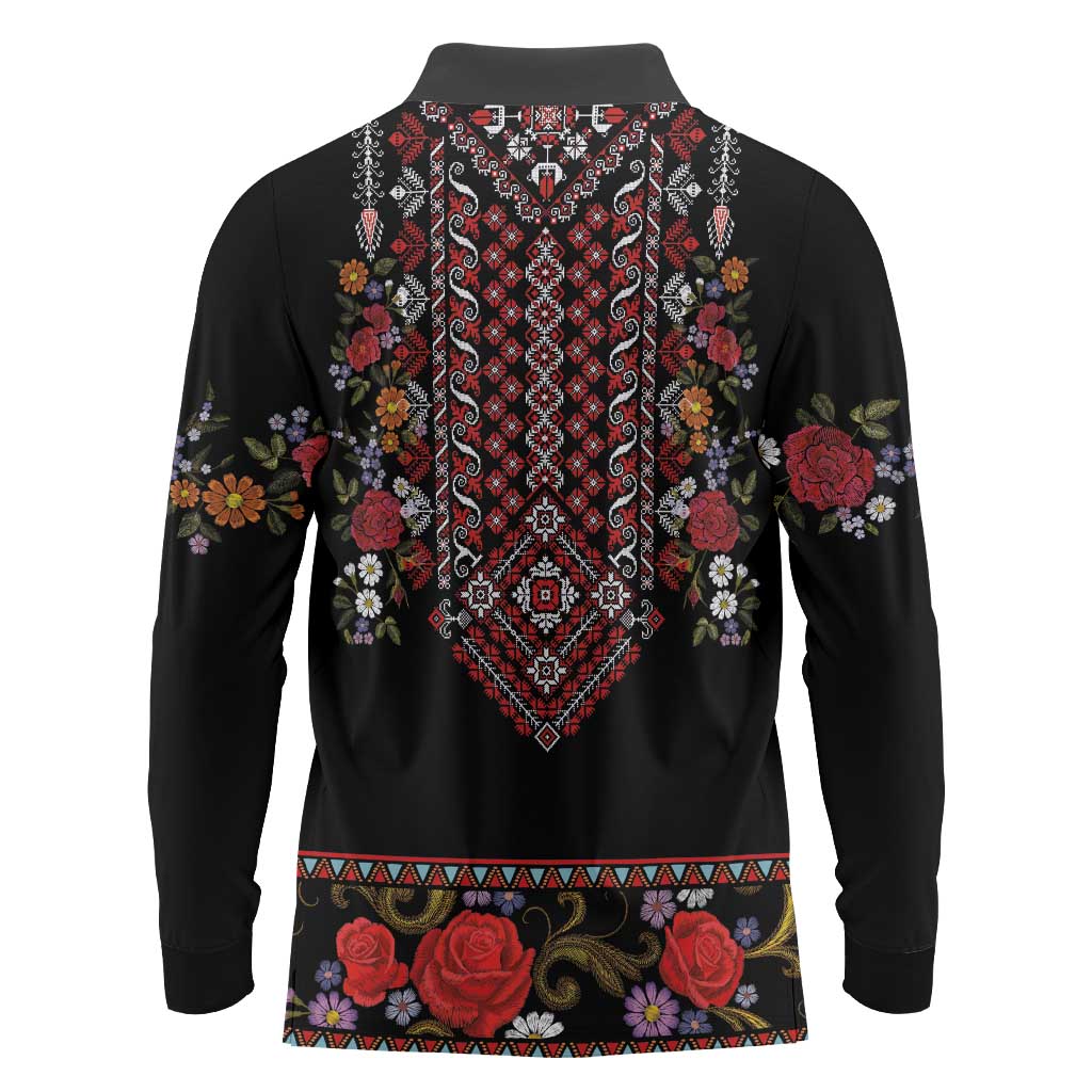 Traditional Romanian Costume - Costum Popular Long Sleeve Polo Shirt Traditional Romanian Motif and Folk Floral Embroidery Style - Wonder Print Shop