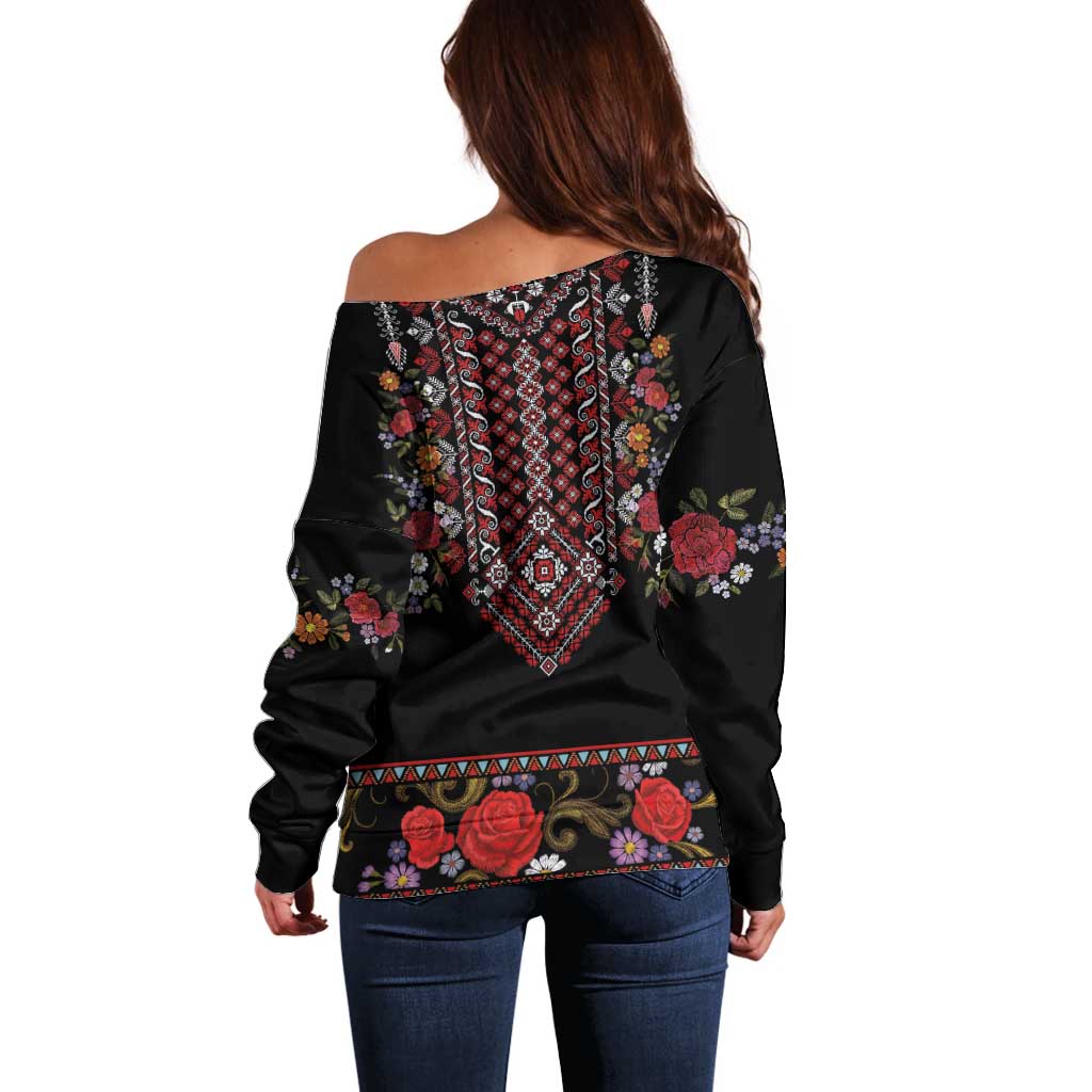 Traditional Romanian Costume - Costum Popular Off Shoulder Sweater Traditional Romanian Motif and Folk Floral Embroidery Style - Wonder Print Shop