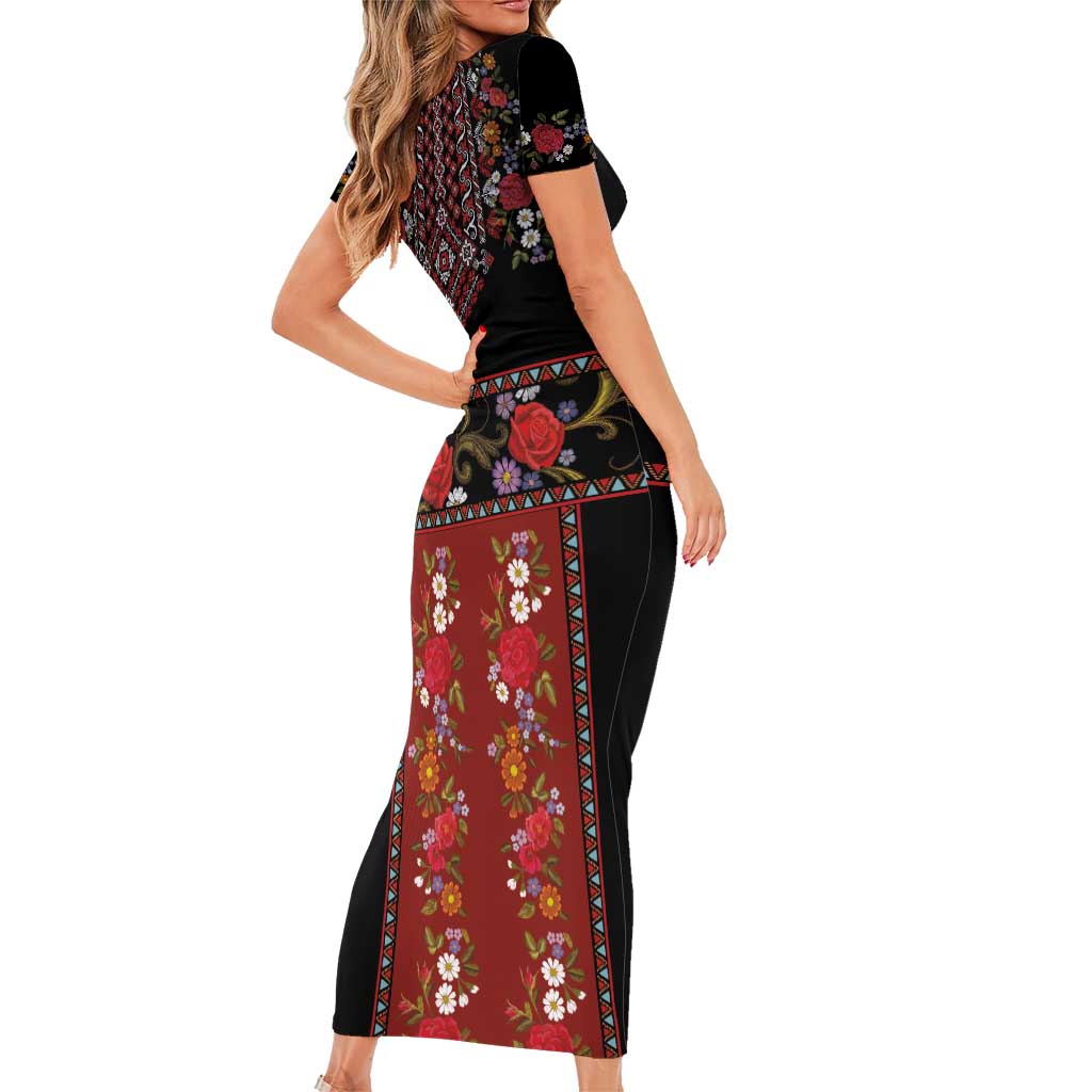 Traditional Romanian Costume - Costum Popular Short Sleeve Bodycon Dress Traditional Romanian Motif and Folk Floral Embroidery Style - Wonder Print Shop