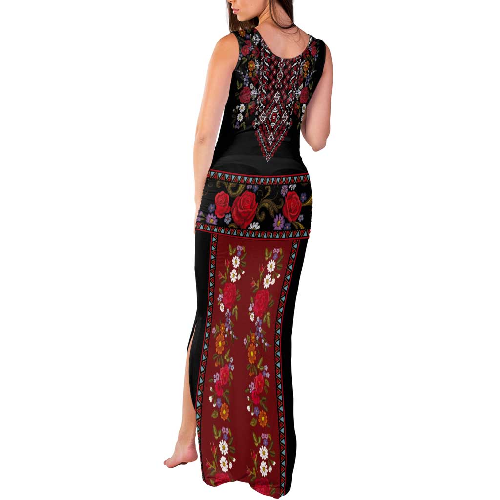 Traditional Romanian Costume - Costum Popular Tank Maxi Dress Traditional Romanian Motif and Folk Floral Embroidery Style - Wonder Print Shop