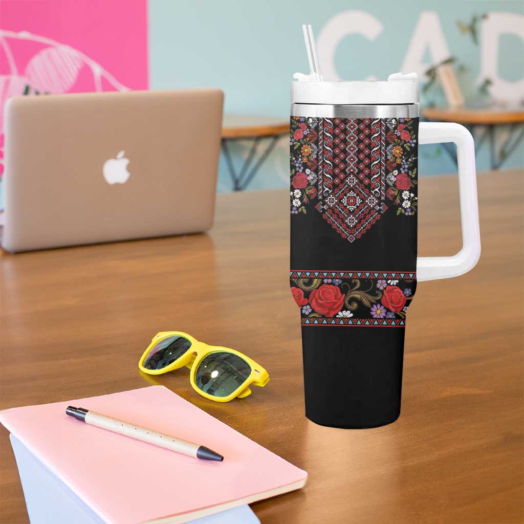 Traditional Romanian Costume - Costum Popular Tumbler With Handle Traditional Romanian Motif and Folk Floral Embroidery Style - Wonder Print Shop