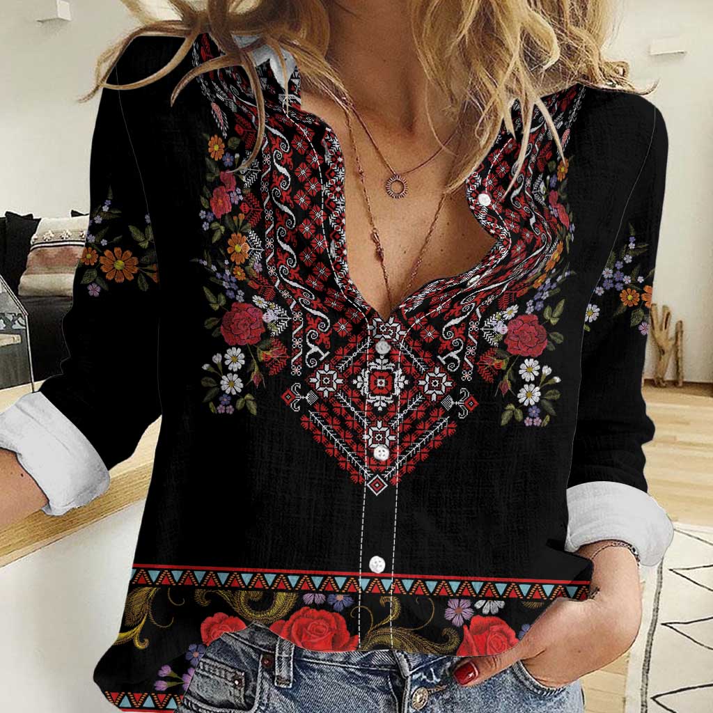Traditional Romanian Costume - Costum Popular Women Casual Shirt Traditional Romanian Motif and Folk Floral Embroidery Style - Wonder Print Shop