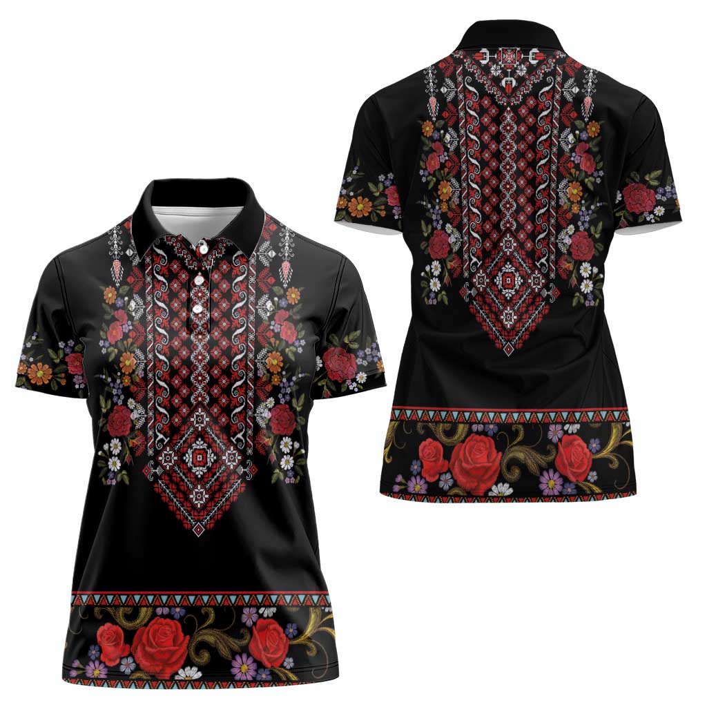 Traditional Romanian Costume - Costum Popular Women Polo Shirt Traditional Romanian Motif and Folk Floral Embroidery Style - Wonder Print Shop