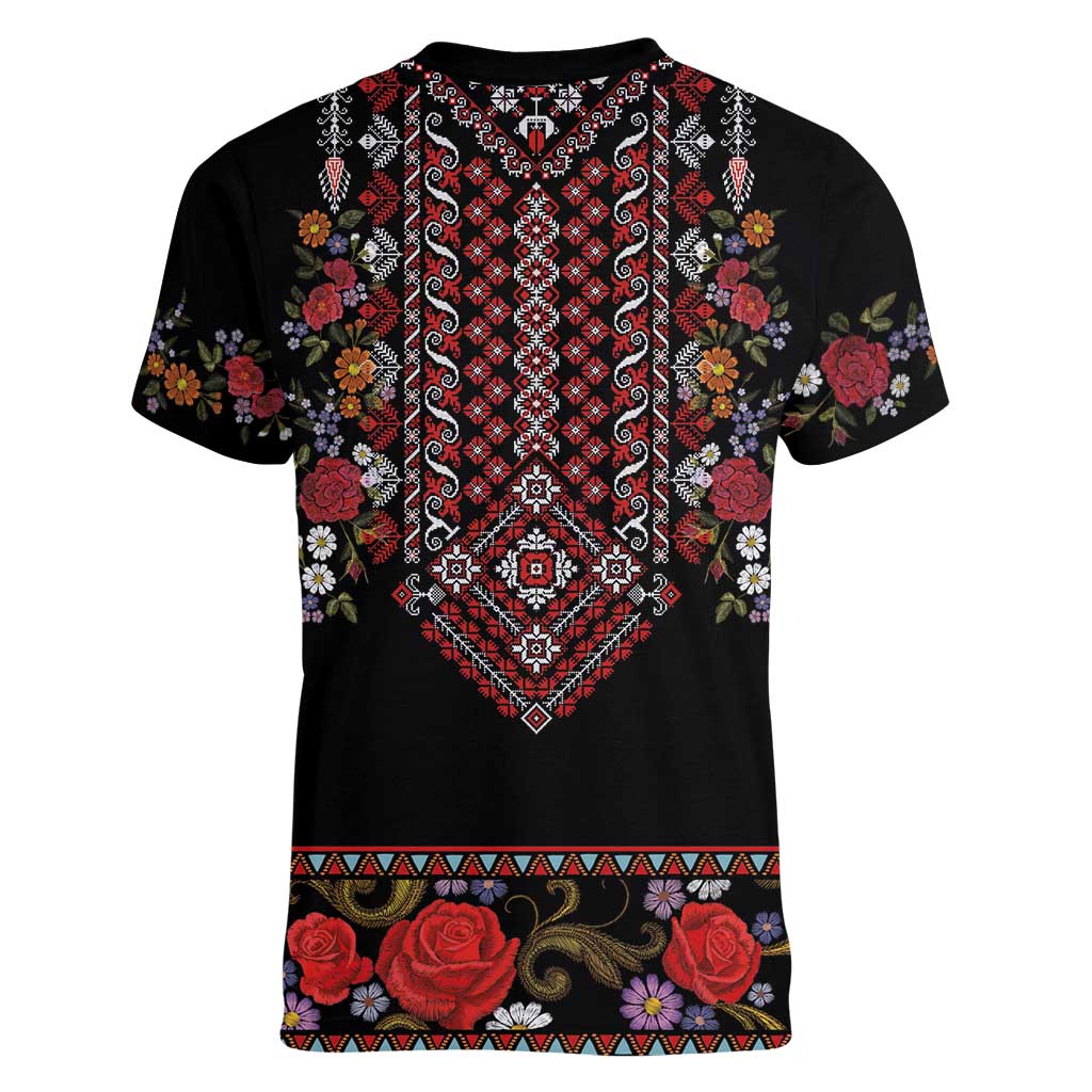 Traditional Romanian Costume - Costum Popular Women V-Neck T-Shirt Traditional Romanian Motif and Folk Floral Embroidery Style - Wonder Print Shop