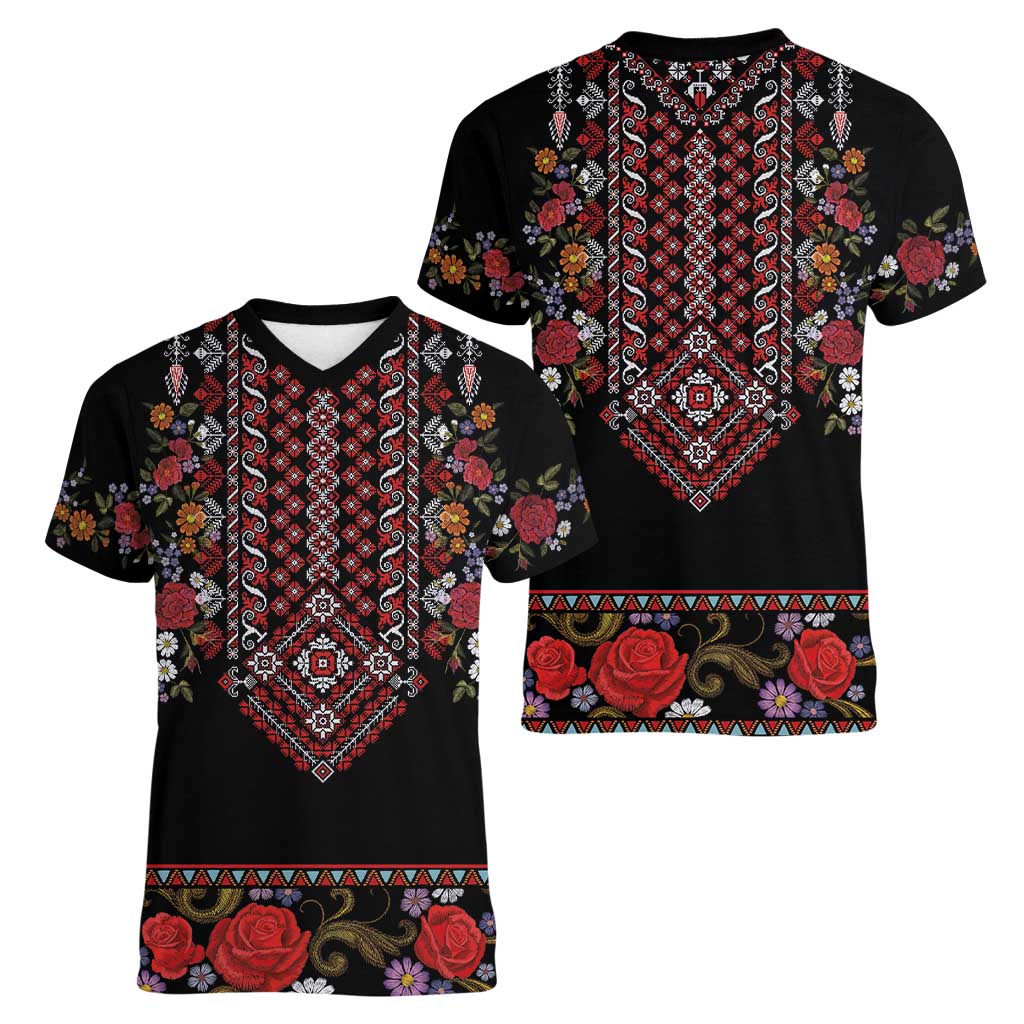 Traditional Romanian Costume - Costum Popular Women V-Neck T-Shirt Traditional Romanian Motif and Folk Floral Embroidery Style - Wonder Print Shop