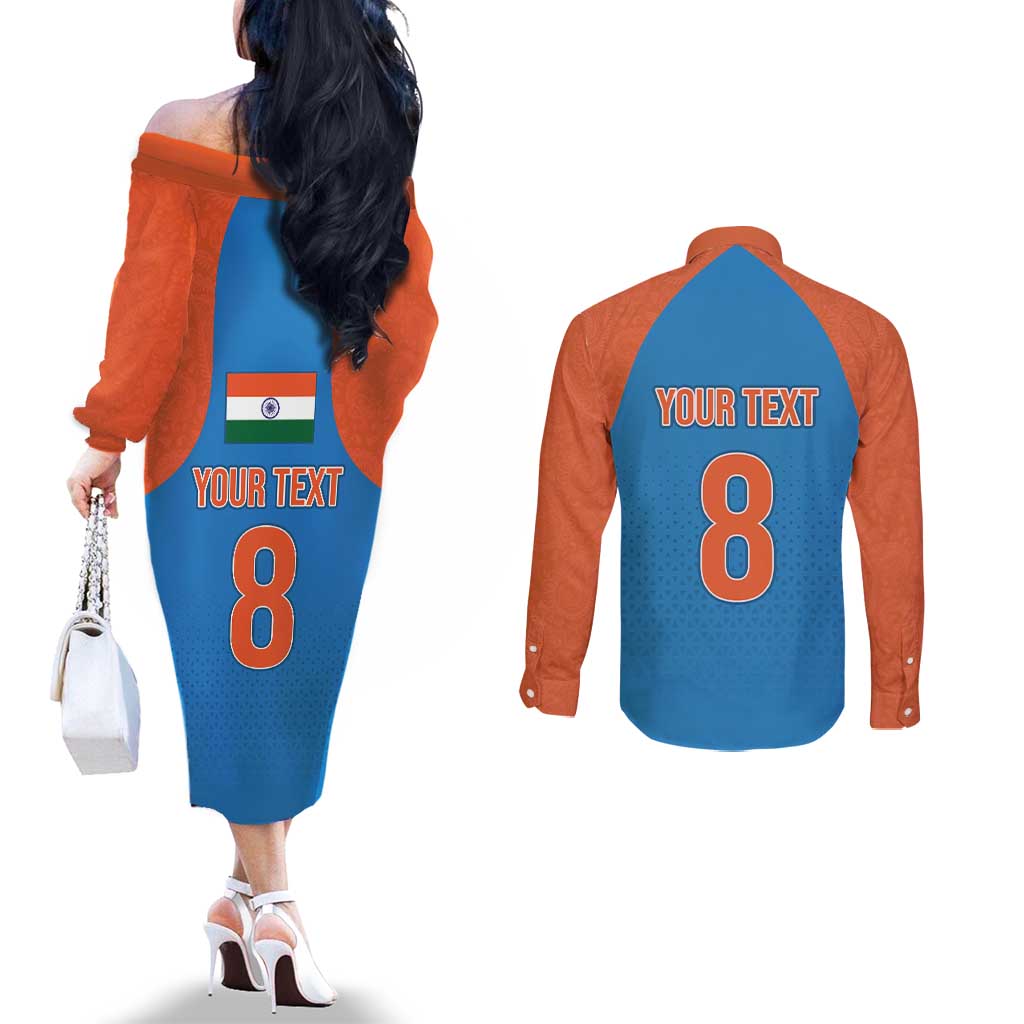 Custom India Cricket Mix Paisley Pattern Couples Matching Off The Shoulder Long Sleeve Dress and Long Sleeve Button Shirt