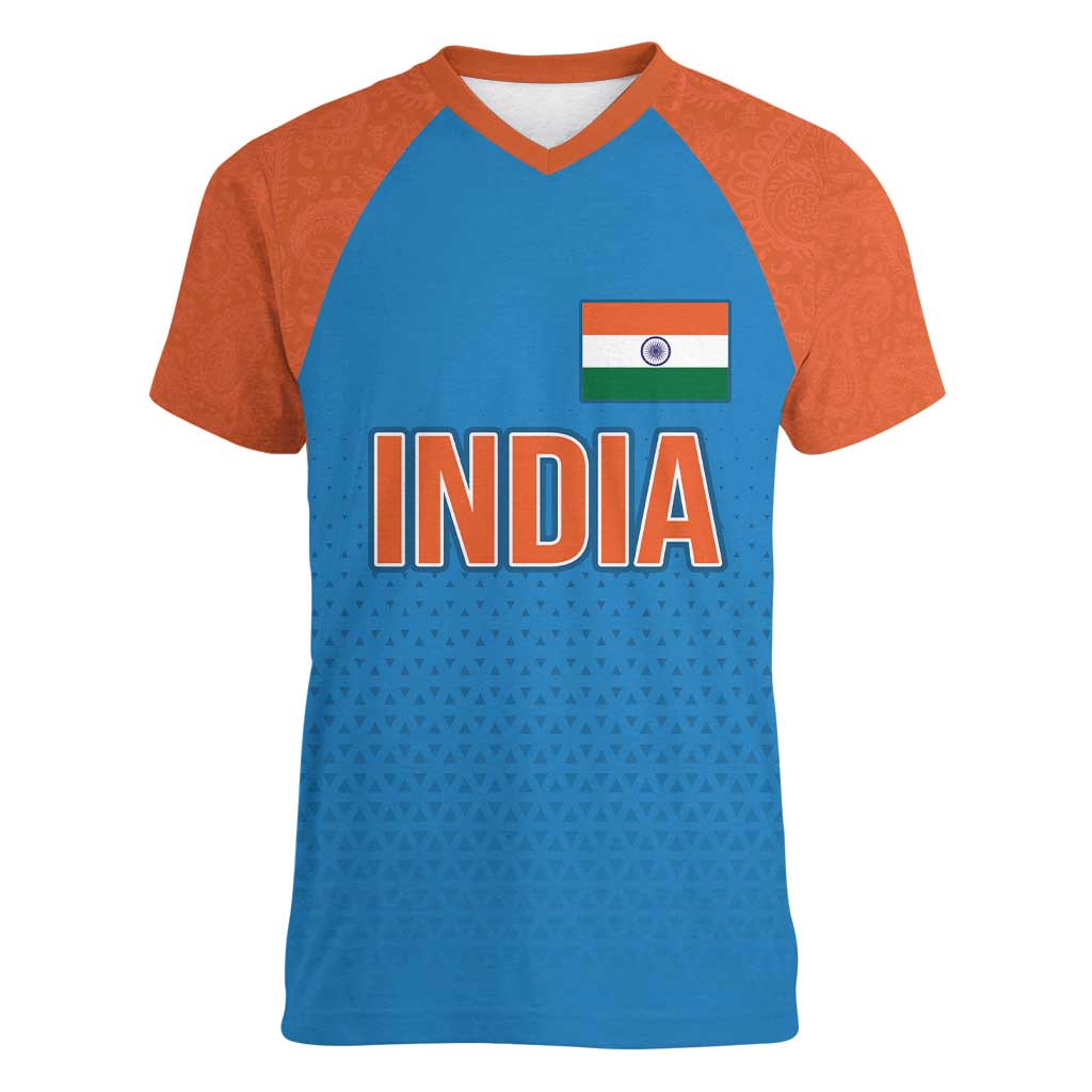 Custom India Cricket Mix Paisley Pattern Women V-Neck T-Shirt - Wonder Print Shop