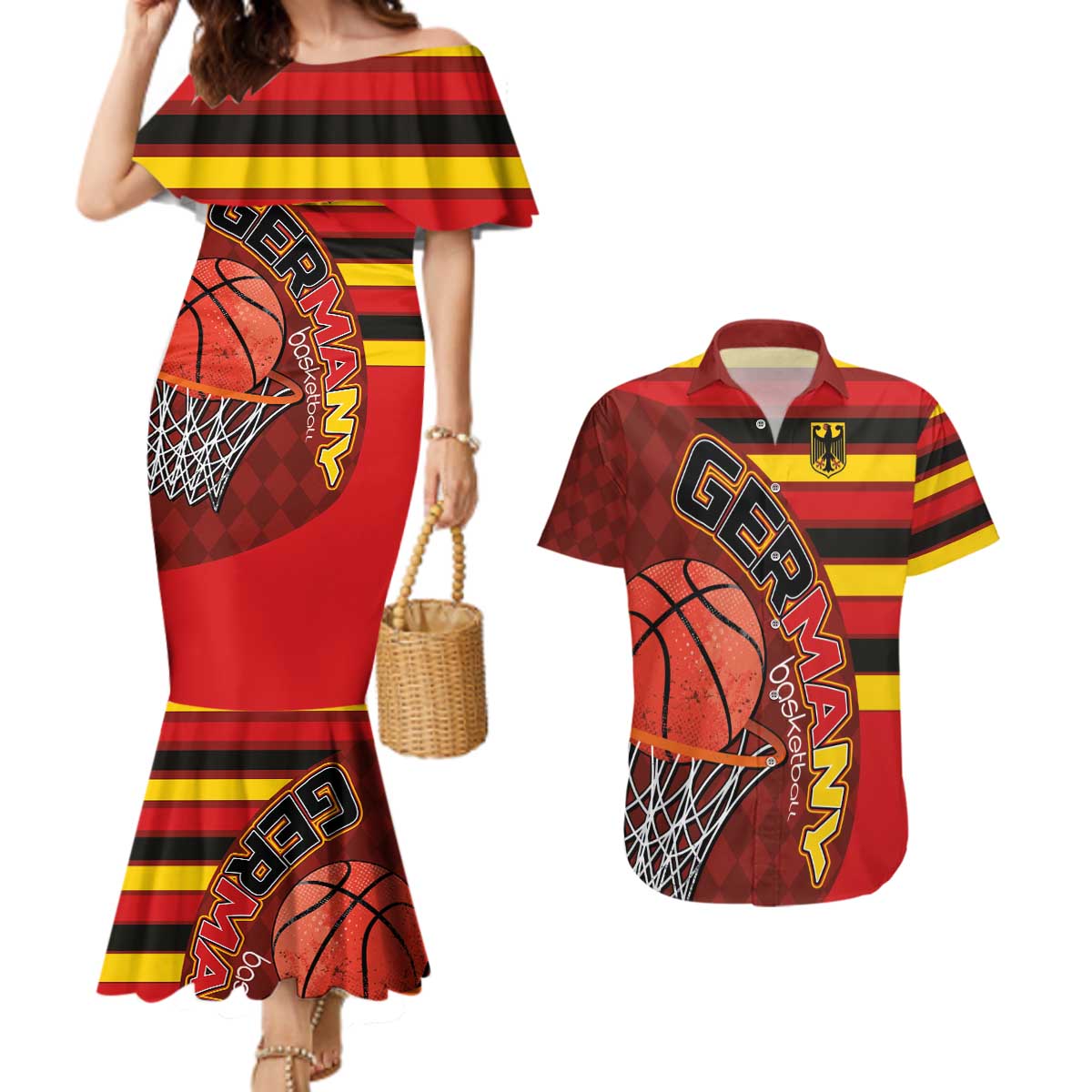 Basketball Fan Jersey Germany Couples Matching Mermaid Dress and Hawaiian Shirt Die Mannschaft 2025 - Wonder Print Shop