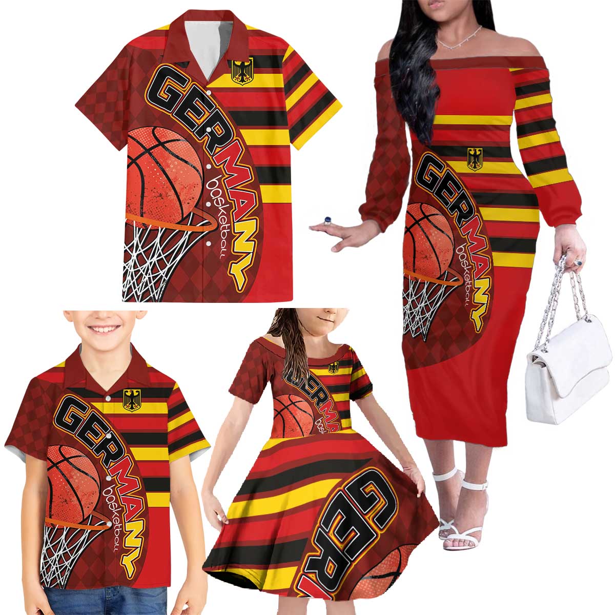 Basketball Fan Jersey Germany Family Matching Off The Shoulder Long Sleeve Dress and Hawaiian Shirt Die Mannschaft 2025 - Wonder Print Shop