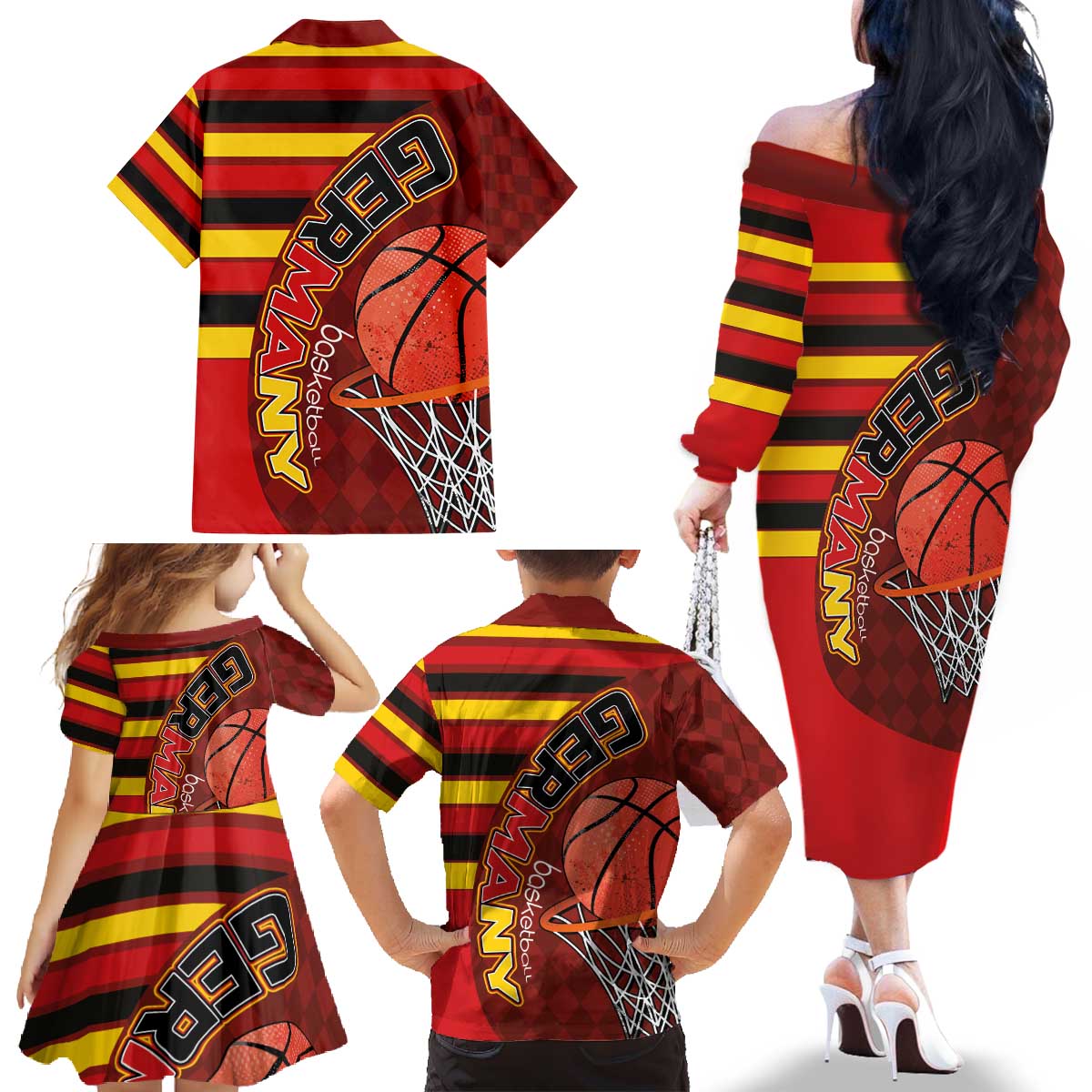 Basketball Fan Jersey Germany Family Matching Off The Shoulder Long Sleeve Dress and Hawaiian Shirt Die Mannschaft 2025 - Wonder Print Shop